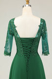 Vestido midi de la madre de la novia con apliques de línea A verde con mangas