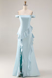 Vestido largo de dama de honor azul claro de sirena con volantes y volantes