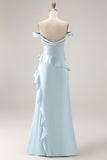 Vestido largo de dama de honor azul claro de sirena con volantes y volantes