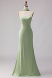 Vestido largo largo de dama de honor de satén de sirena salvia sin tirantes con bufanda en el cuello