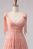 Blush Línea A Tiras con lazos con espaldas abiertas y chiffon vestido largo de dama de honor