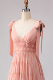 Blush Línea A Tiras con lazos con espaldas abiertas y chiffon vestido largo de dama de honor