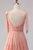 Blush Línea A Tiras con lazos con espaldas abiertas y chiffon vestido largo de dama de honor