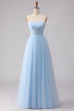 Corsé largo de corsé de chiffon sin tirantes azul