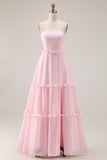 Vestido largo de dama de honor rosa rosa A Line Strapless Chiffon con abertura
