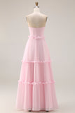 Vestido largo de dama de honor rosa rosa A Line Strapless Chiffon con abertura