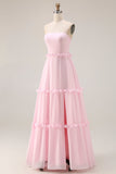 Vestido largo de dama de honor rosa rosa A Line Strapless Chiffon con abertura