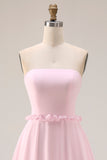 Vestido largo de dama de honor rosa rosa A Line Strapless Chiffon con abertura