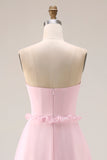 Vestido largo de dama de honor rosa rosa A Line Strapless Chiffon con abertura