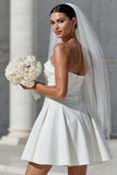 Vestido de novia blanco A Line Strapless Short con bolsillos
