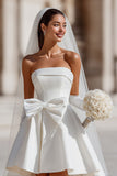 Vestido de novia blanco A Line Strapless Short con bolsillos