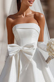 Vestido de novia blanco A Line Strapless Short con bolsillos