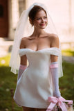 Vestido de novia corto de línea A con hombros descubiertos (sin guantes)