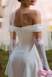 Vestido de novia corto de línea A con hombros descubiertos (sin guantes)