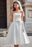 Vestido de novia blanco sin tirantes A Line con lazo (sin guantes)