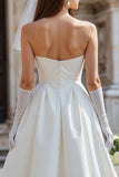 Vestido de novia blanco sin tirantes A Line con lazo (sin guantes)