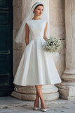 Vestido de novia Midi blanco sin mangas de cuello redondo y sin mangas