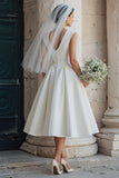 Vestido de novia Midi blanco sin mangas de cuello redondo y sin mangas