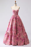 Vestido largo de graduación sin tirantes de Corsé Fuchsia Jacquard Línea A