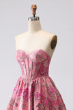 Vestido largo de graduación sin tirantes de Corsé Fuchsia Jacquard Línea A