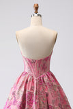 Vestido largo de graduación sin tirantes de Corsé Fuchsia Jacquard Línea A