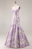Vestido largo de baile floral de satén sirena lila jacquard brocado sin tirantes