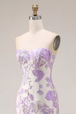 Vestido largo de baile floral de satén sirena lila jacquard brocado sin tirantes