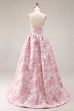 Corsé rosa floral sin tirantes Jacquard brocado A-line A-line con abertura