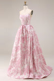 Corsé rosa floral sin tirantes Jacquard brocado A-line A-line con abertura