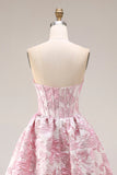 Corsé rosa floral sin tirantes Jacquard brocado A-line A-line con abertura