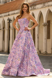 Corsé Jacquard A-Line sin tirantes lila Brocado largo vestido de graduación