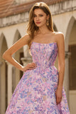 Corsé Jacquard A-Line sin tirantes lila Brocado largo vestido de graduación
