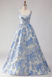 Corsé azul claro Jacquard brocado A-line Vestido largo con perlas