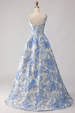 Corsé azul claro Jacquard brocado A-line Vestido largo con perlas