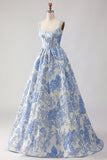 Corsé azul claro Jacquard brocado A-line Vestido largo con perlas