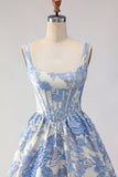 Corsé azul claro Jacquard brocado A-line Vestido largo con perlas