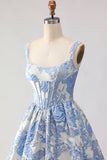 Corsé azul claro Jacquard brocado A-line Vestido largo con perlas