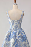 Corsé azul claro Jacquard brocado A-line Vestido largo con perlas