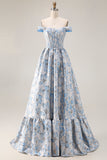 Vestido largo largo de graduación Jacquard descubierto azul claro línea A
