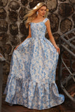 Vestido largo largo de graduación azul claro de brocado Jacquard Brocado descapotable