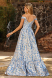 Vestido largo largo de graduación azul claro de brocado Jacquard Brocado descapotable