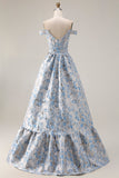 Vestido largo largo de graduación Jacquard descubierto azul claro línea A