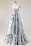 Vestido largo largo de graduación Jacquard descubierto azul claro línea A