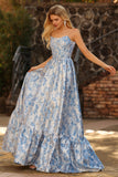 Vestido largo largo de graduación azul claro de brocado Jacquard Brocado descapotable