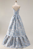 Vestido largo largo de graduación Jacquard descubierto azul claro línea A