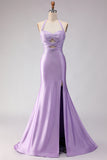 Vestido largo de baile de graduación con corte de sirena lila y cuentas
