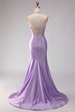 Vestido largo de baile de graduación con corte de sirena lila y cuentas
