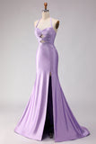 Vestido largo de baile de graduación con corte de sirena lila y cuentas