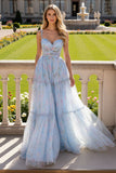 Vestido largo de fiesta con tirantes finos florales azules