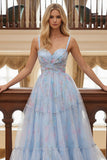 Vestido largo de fiesta con tirantes finos florales azules